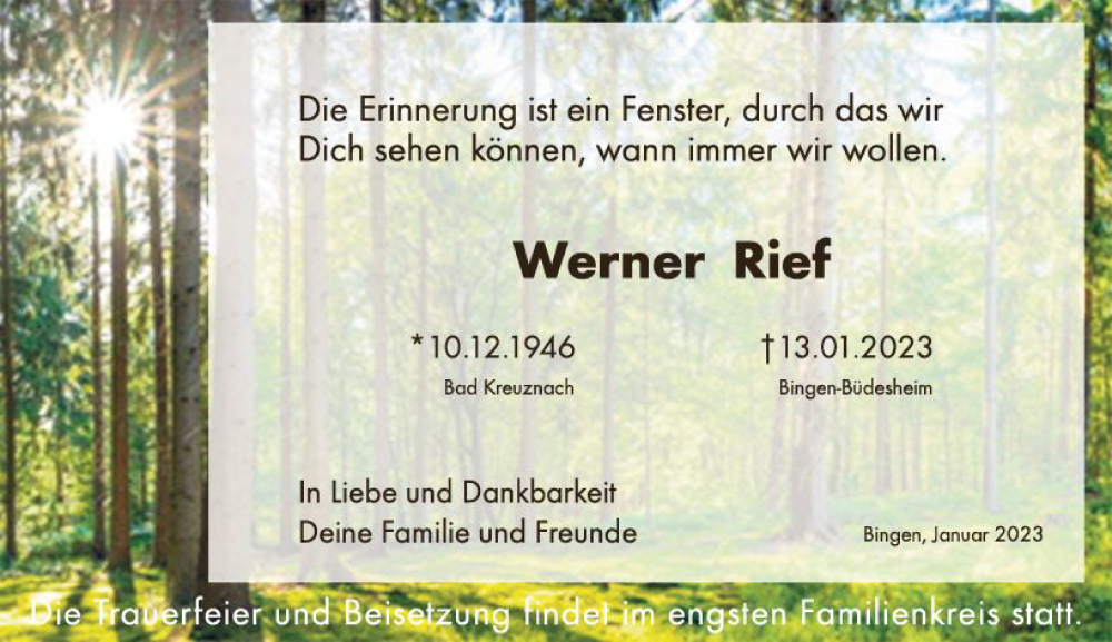  Traueranzeige für Werner Rief vom 21.01.2023 aus Bingen/Ingelheim Wochenblatt inkl. NBZ