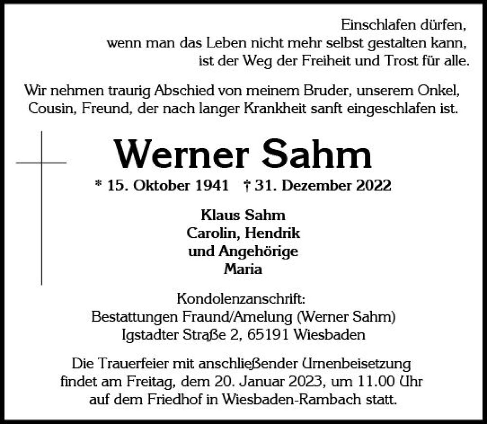  Traueranzeige für Werner Sahm vom 14.01.2023 aus Wiesbadener Kurier gesamt
