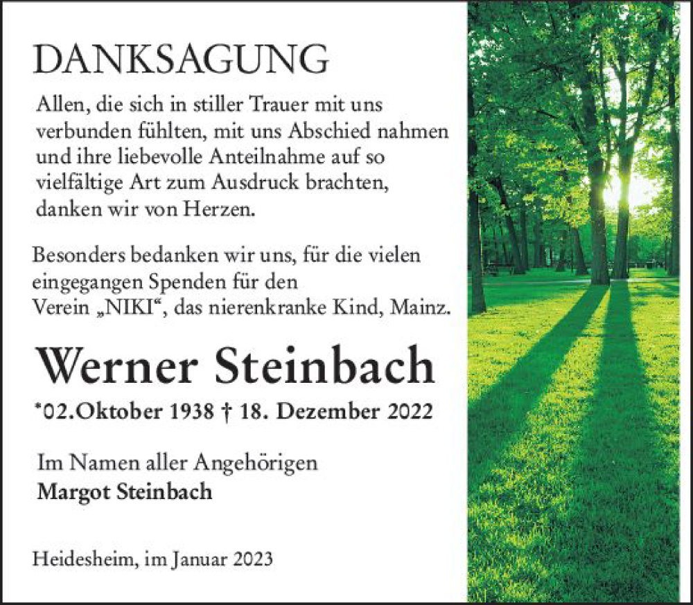  Traueranzeige für Werner Steinbach vom 21.01.2023 aus Allgemeine Zeitung Ingelheim-Bingen