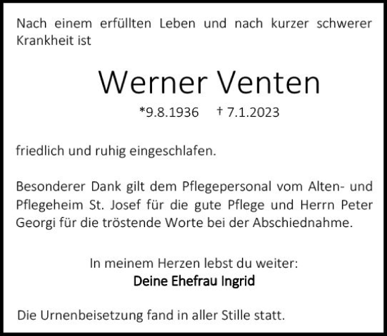 Traueranzeige von Werner Venten von Darmstädter Echo