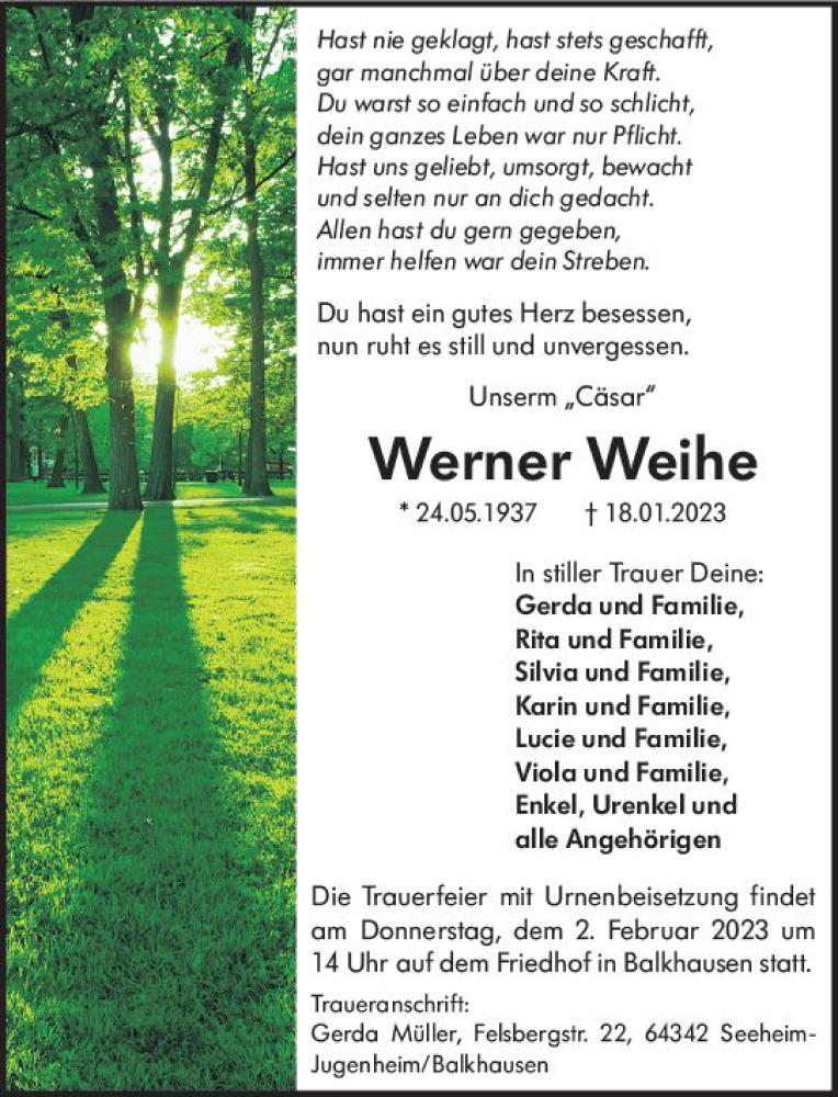  Traueranzeige für Werner Weihe vom 28.01.2023 aus Darmstädter Echo