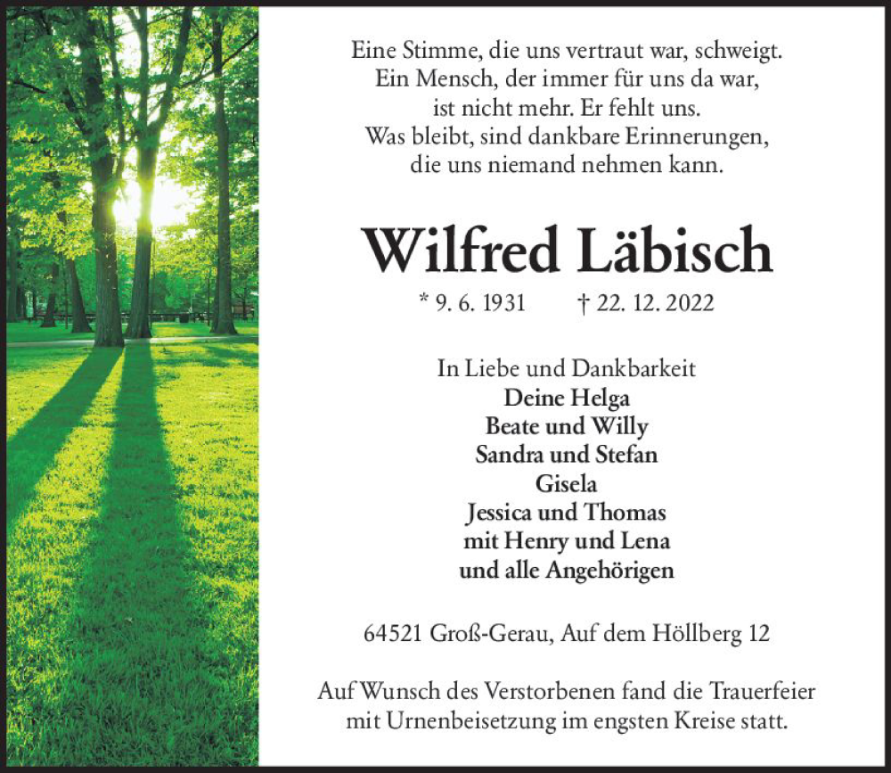  Traueranzeige für Wilfred Läbisch vom 21.01.2023 aus Groß-Gerauer Echo