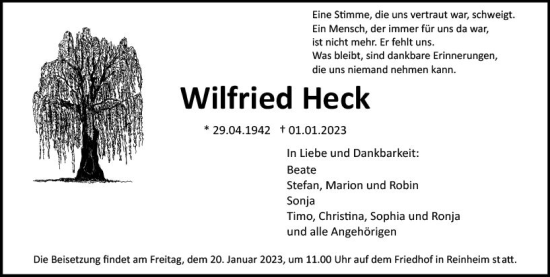 Traueranzeige von Wilfried Heck von Darmstädter Echo