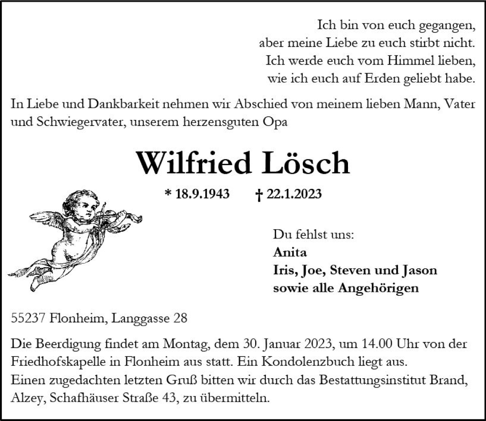  Traueranzeige für Wilfried Lösch vom 26.01.2023 aus Allgemeine Zeitung Alzey
