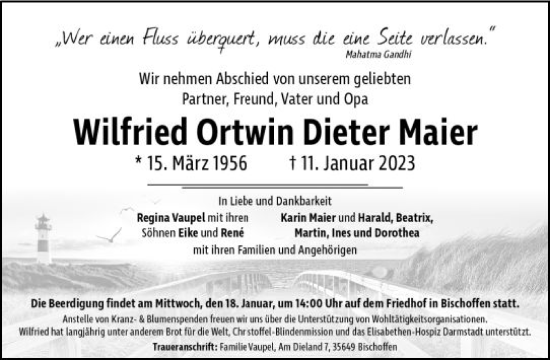 Traueranzeige von Wilfried Ortwin Dieter Maier von Dill Block