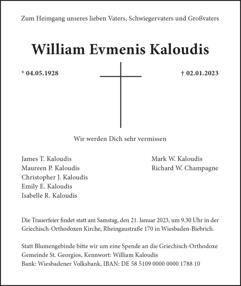  Traueranzeige für William Evmenis Kaloudis vom 18.01.2023 aus Wiesbadener Kurier gesamt