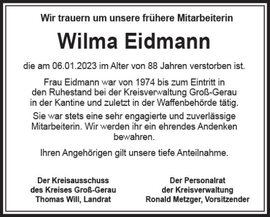 Traueranzeige von Wilma Eidmann von Groß-Gerauer Echo