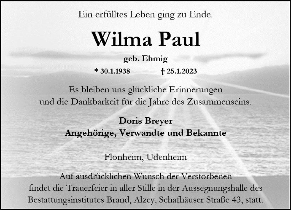  Traueranzeige für Wilma Paul vom 28.01.2023 aus Allgemeine Zeitung Alzey