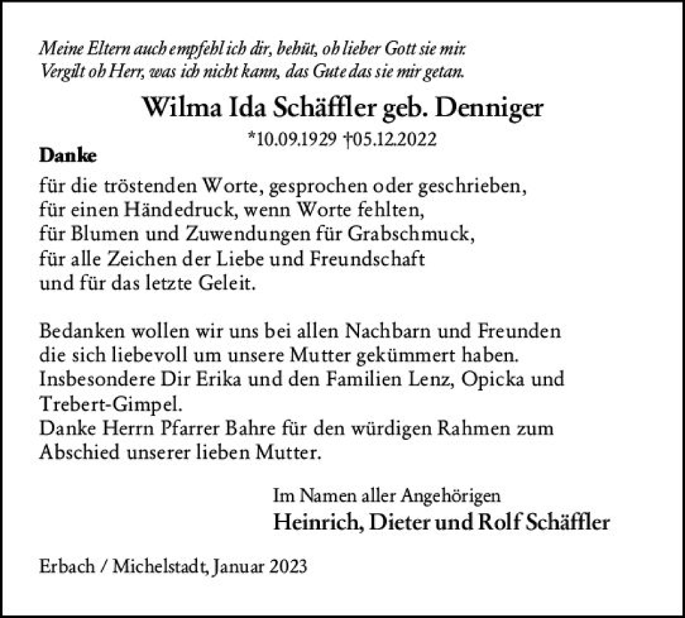  Traueranzeige für Wilma Ida Schäffler vom 28.01.2023 aus Odenwälder Echo