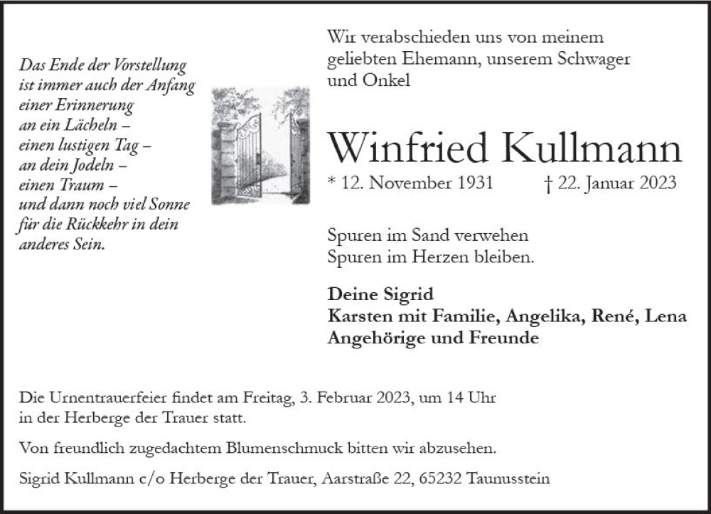  Traueranzeige für Winfried Kullmann vom 28.01.2023 aus Wiesbadener Kurier gesamt