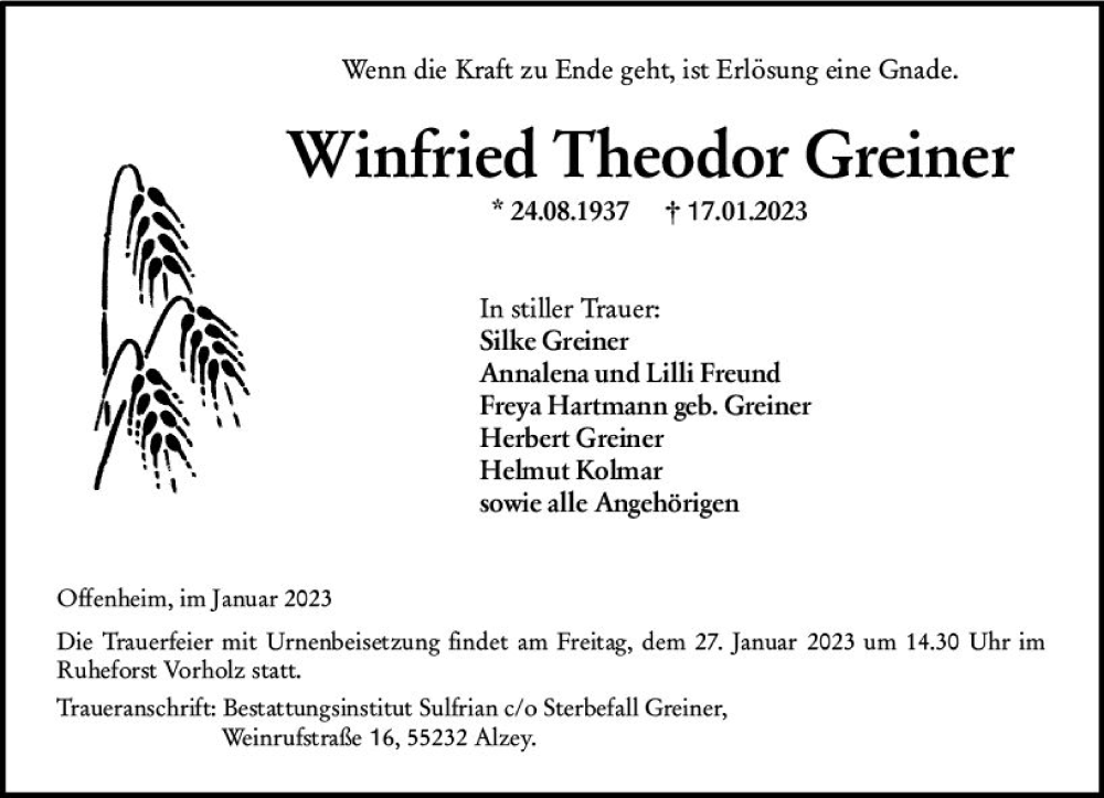  Traueranzeige für Winfried Theodor Greiner vom 21.01.2023 aus Allgemeine Zeitung Alzey