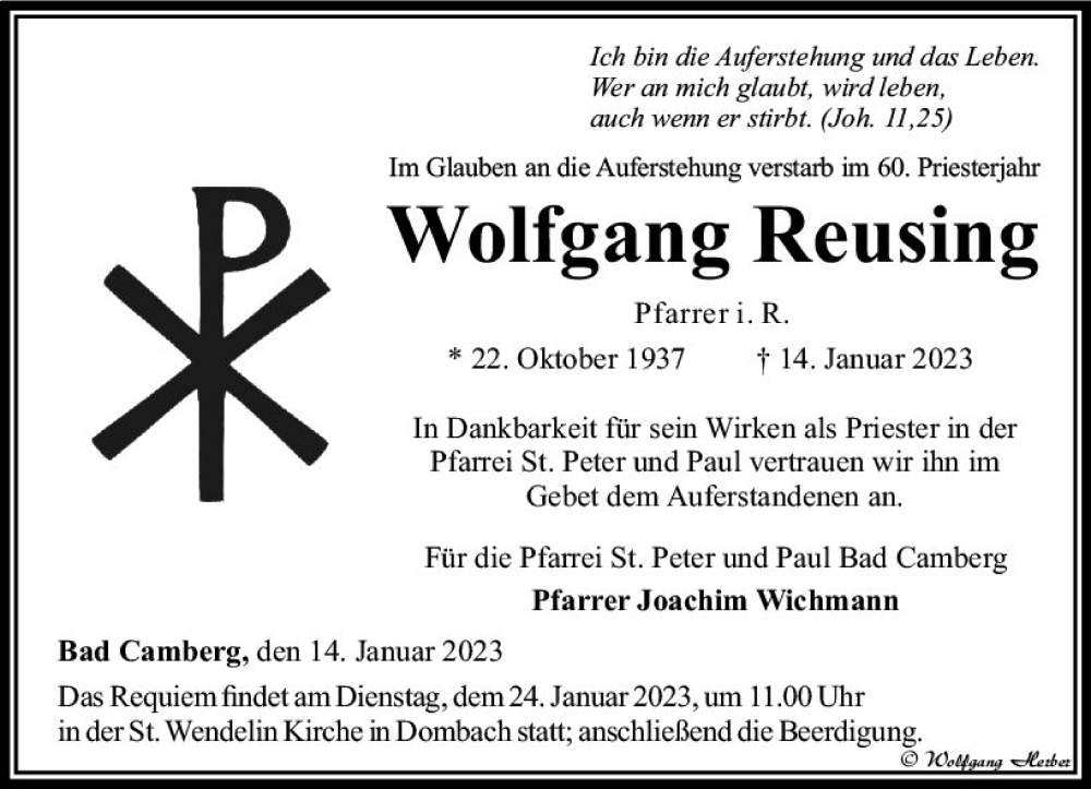  Traueranzeige für Wolfgang Reusing vom 19.01.2023 aus Camberger Anzeiger