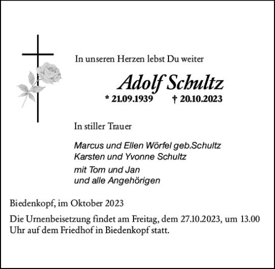 Traueranzeige von Adolf Schultz von Hinterländer Anzeiger