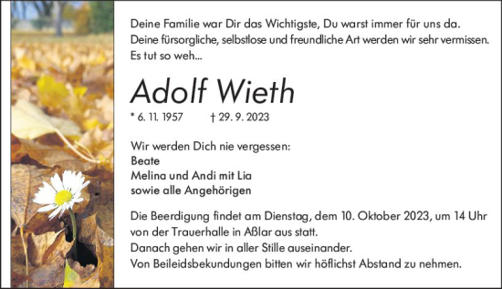Traueranzeige von Adolf Wieth von Wetzlarer Neue Zeitung
