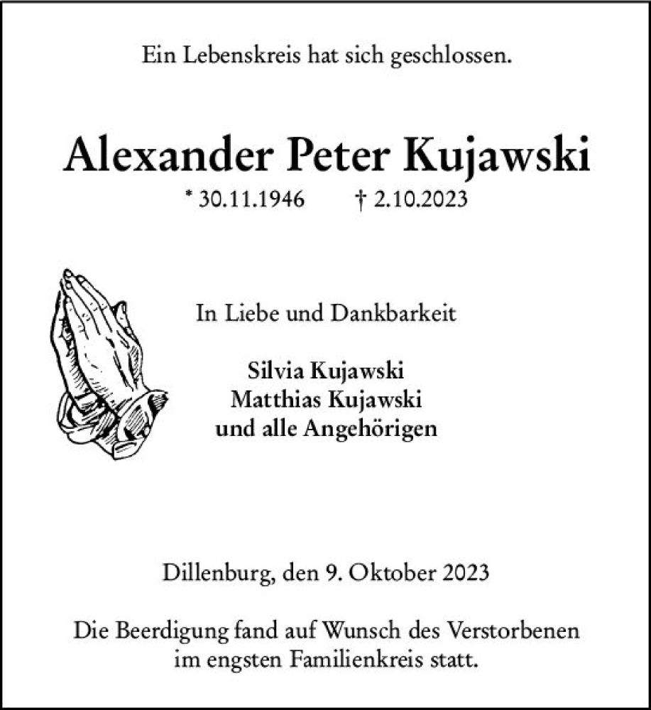  Traueranzeige für Alexander Peter Kujawski vom 09.10.2023 aus Dill Block