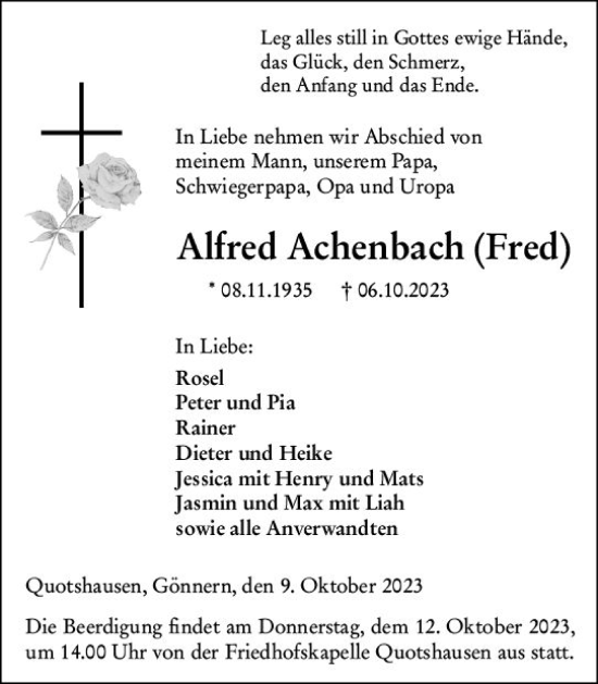 Traueranzeige von Alfred Achenbach von Hinterländer Anzeiger