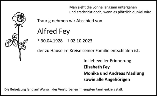 Traueranzeige von Alfred Fey von Allgemeine Zeitung Mainz