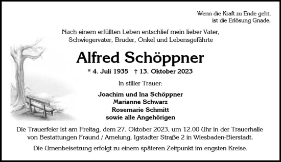 Traueranzeige von Alfred Schöppner von Wiesbadener Kurier