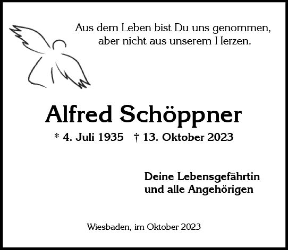  Traueranzeige für Alfred Schöppner vom 21.10.2023 aus Wiesbadener Kurier