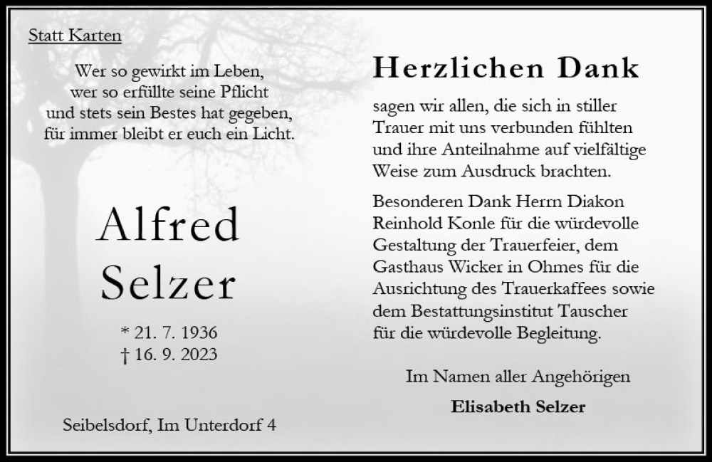  Traueranzeige für Alfred Selzer vom 28.10.2023 aus Oberhessen Kurier