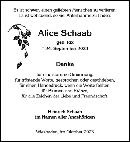 Traueranzeige von Alice Schaab von Wiesbadener Kurier