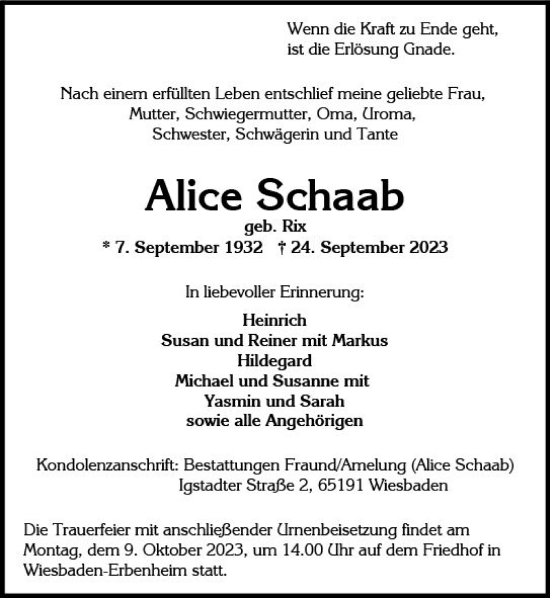 Traueranzeige von Alice Schaab von Wiesbadener Kurier