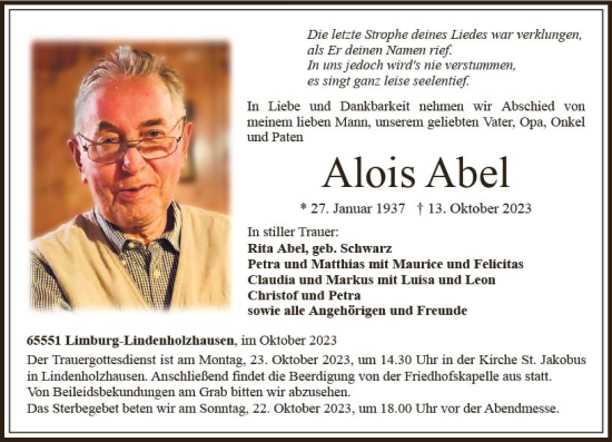 Traueranzeige von Alois Abel von Nassauische Neue Presse