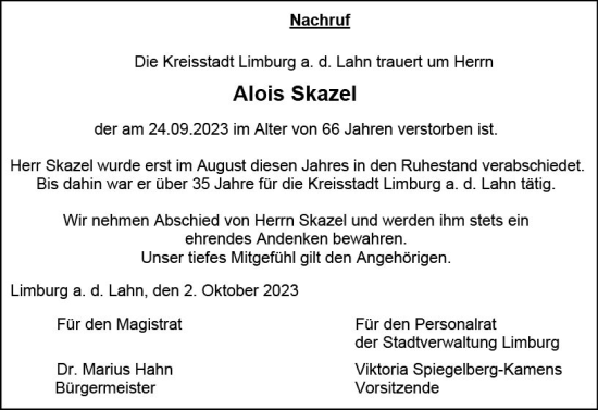 Traueranzeige von Alois Skazel von Nassauische Neue Presse
