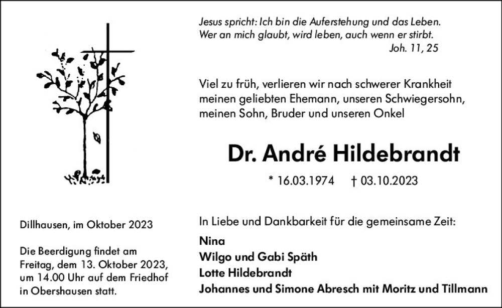  Traueranzeige für Andre Hildebrandt vom 10.10.2023 aus Weilburger Tageblatt