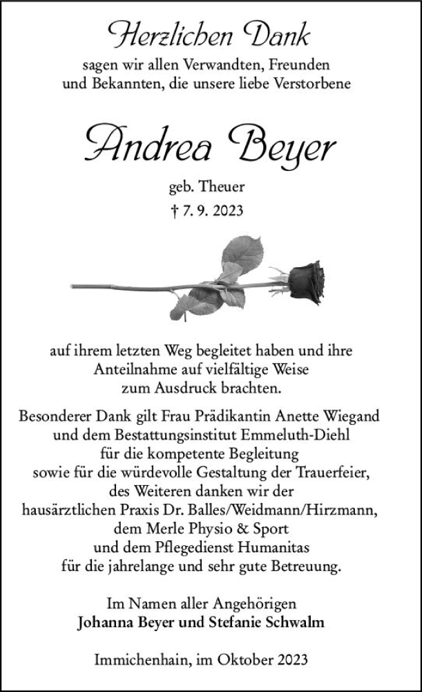  Traueranzeige für Andrea Beyer vom 28.10.2023 aus Oberhessen Kurier