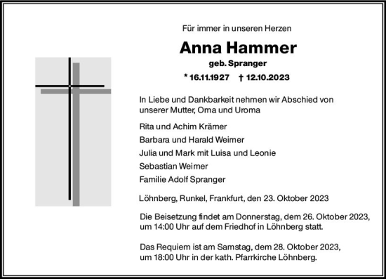 Traueranzeige von Anna Hammer von Weilburger Tageblatt