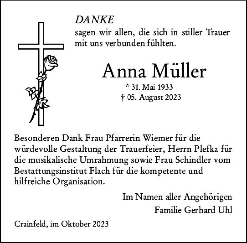  Traueranzeige für Anna Müller vom 07.10.2023 aus Oberhessen Kurier