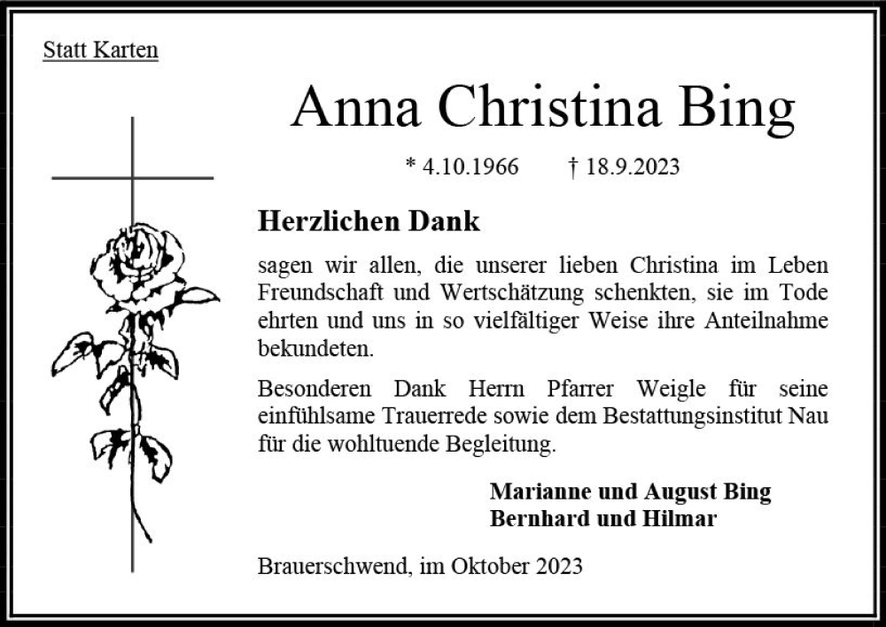  Traueranzeige für Anna Christina Bing vom 21.10.2023 aus Oberhessen Kurier