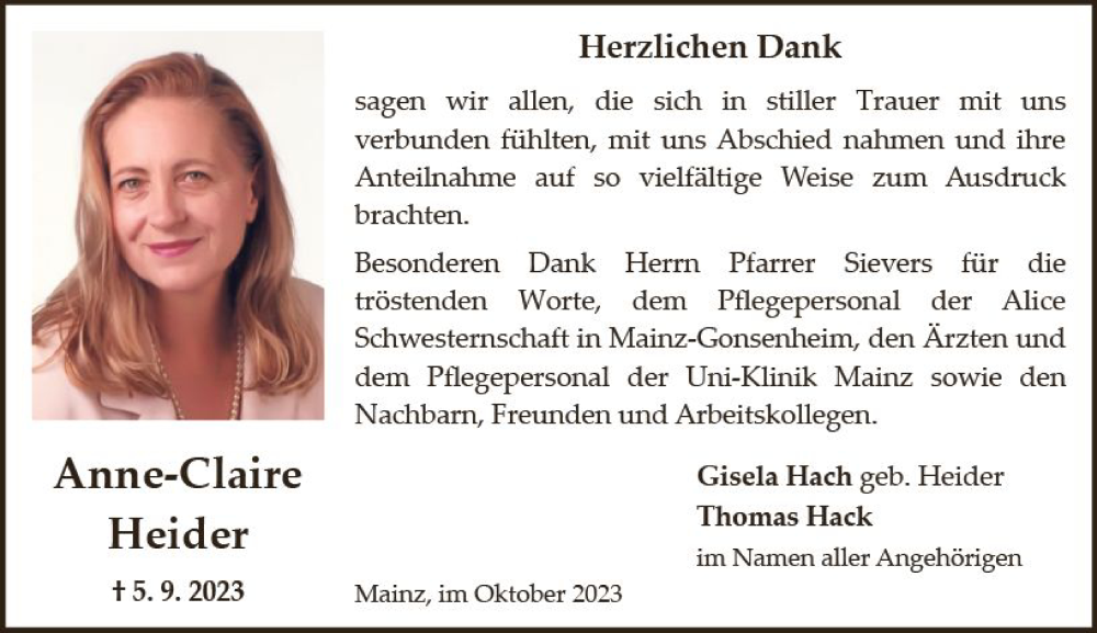  Traueranzeige für Anne-Claire Heider vom 14.10.2023 aus Allgemeine Zeitung Mainz