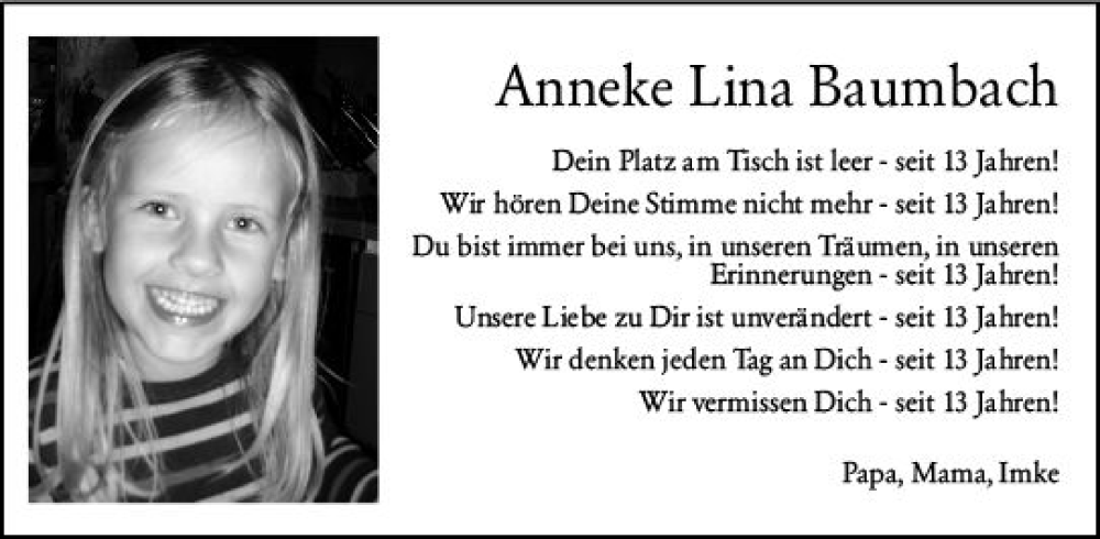  Traueranzeige für Anneke Lina Baumbach vom 04.10.2023 aus Allgemeine Zeitung Mainz