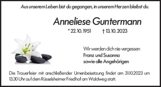 Traueranzeige von Anneliese Guntermann von Rüsselsheimer Echo