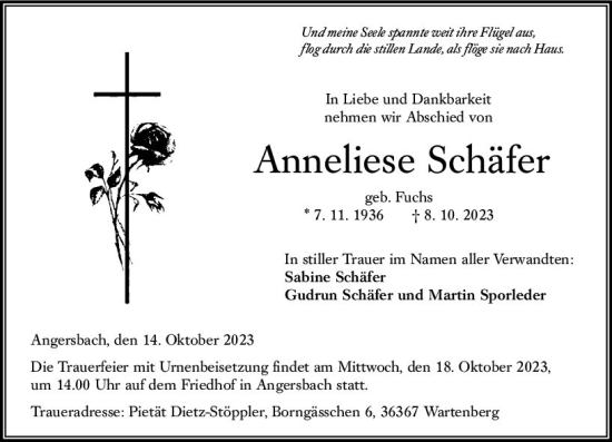 Traueranzeige von Anneliese Schäfer von Oberhessen Kurier