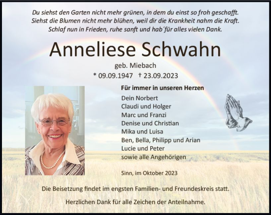 Traueranzeige von Anneliese Schwahn von Dill Block