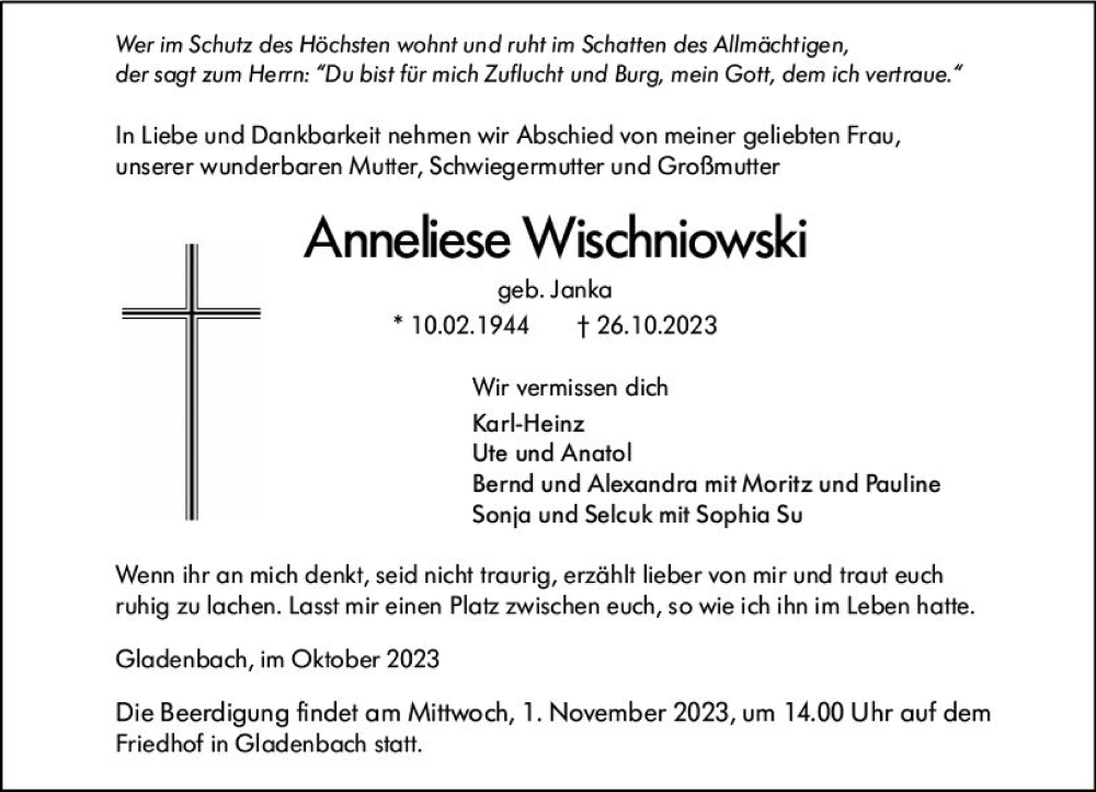  Traueranzeige für Anneliese Wischniowski vom 28.10.2023 aus Hinterländer Anzeiger
