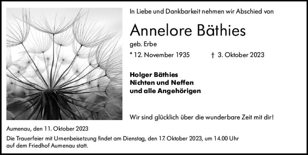  Traueranzeige für Annelore Bäthies vom 11.10.2023 aus Weilburger Tageblatt