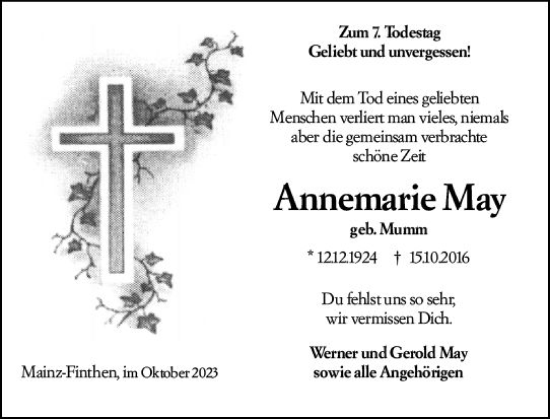 Traueranzeige von Annemarie May von Allgemeine Zeitung Mainz