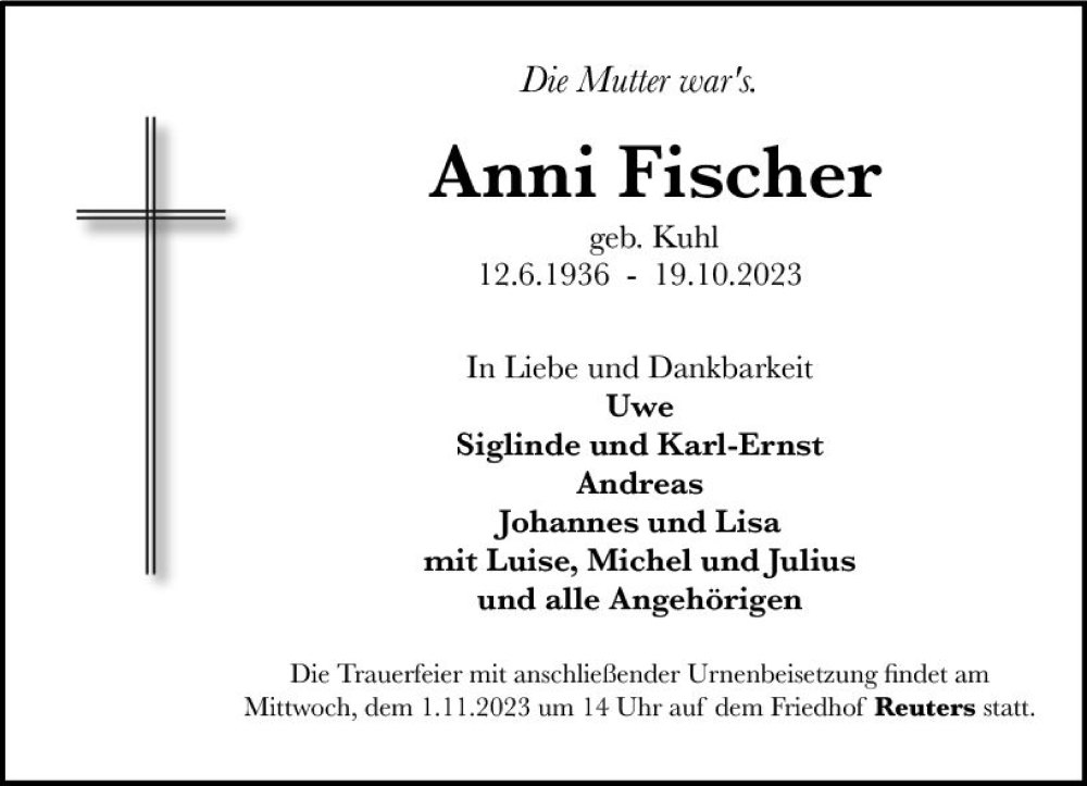  Traueranzeige für Anni Fischer vom 28.10.2023 aus VRM Trauer