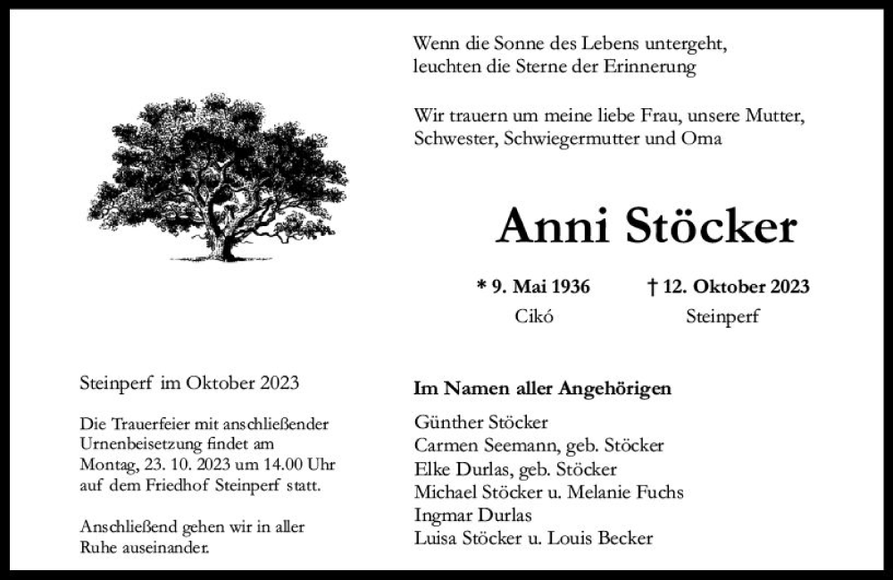  Traueranzeige für Anni Stöcker vom 20.10.2023 aus Hinterländer Anzeiger