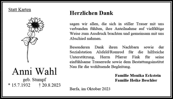 Traueranzeige von Anni Wahl von Oberhessen Kurier