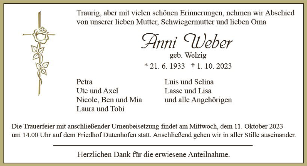  Traueranzeige für Anni Weber vom 07.10.2023 aus Wetzlarer Neue Zeitung