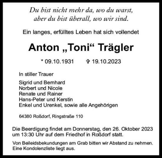 Traueranzeige von Anton Trägler von Darmstädter Echo