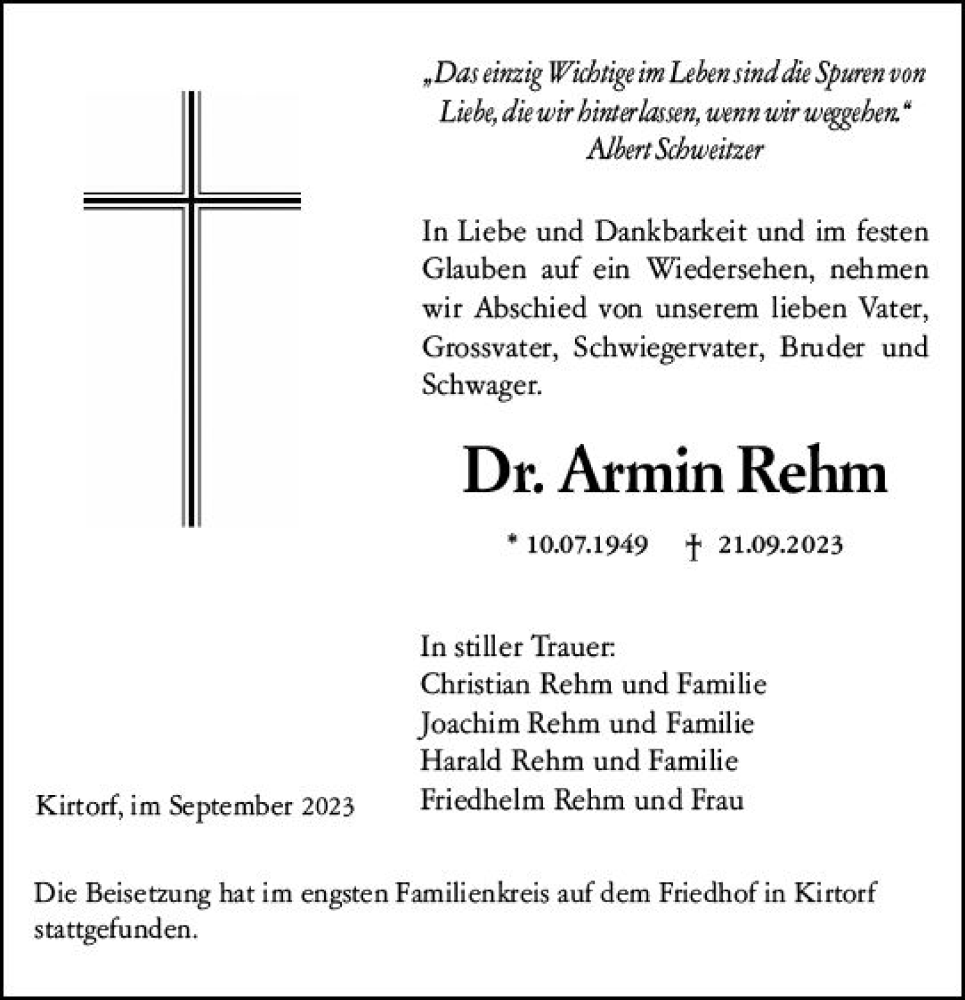  Traueranzeige für Armin Rehm vom 04.10.2023 aus VRM Trauer