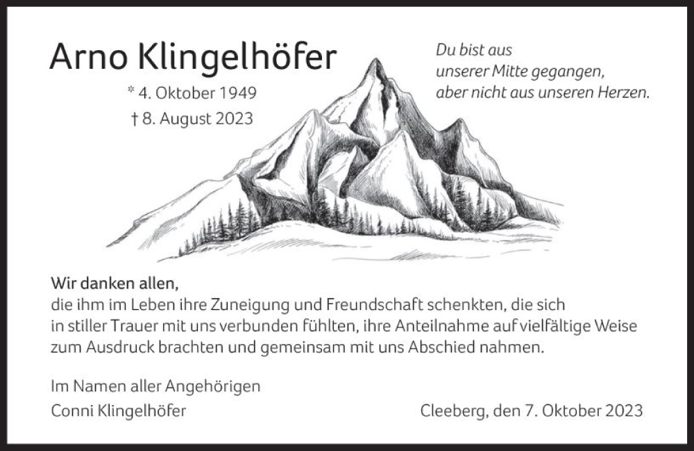  Traueranzeige für Arno Klingelhöfer vom 07.10.2023 aus Wetzlarer Neue Zeitung