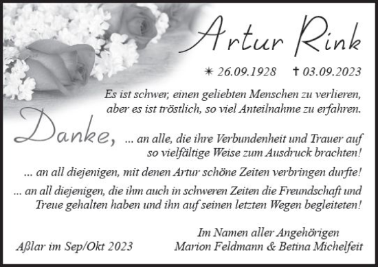 Traueranzeige von Artur Rink von Wetzlarer Neue Zeitung