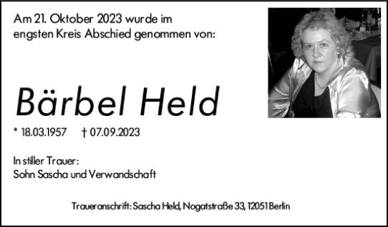 Traueranzeige von Bärbel Held von Dill Block